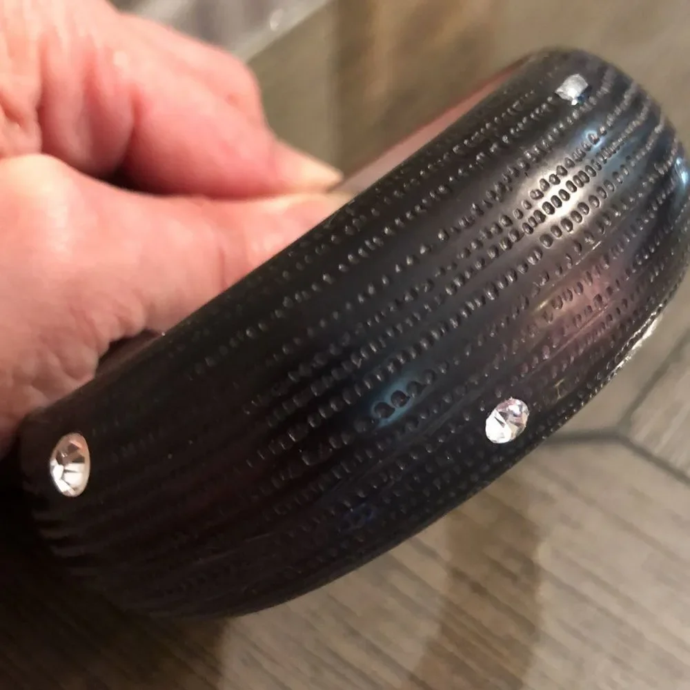 Vintage Black Textured Acrylic Bangle with Cut Glass Rhinestones 9”, approx